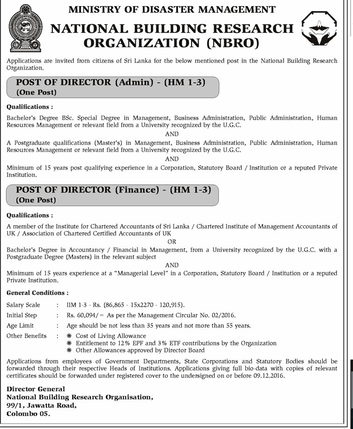 Director (Admin), Director (Finance) - National Building Research Organization	